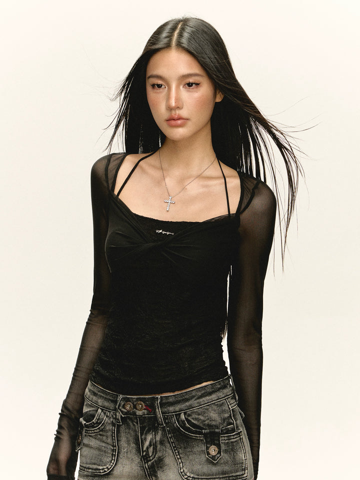 Sheer Mesh Long Sleeve Turtleneck Top