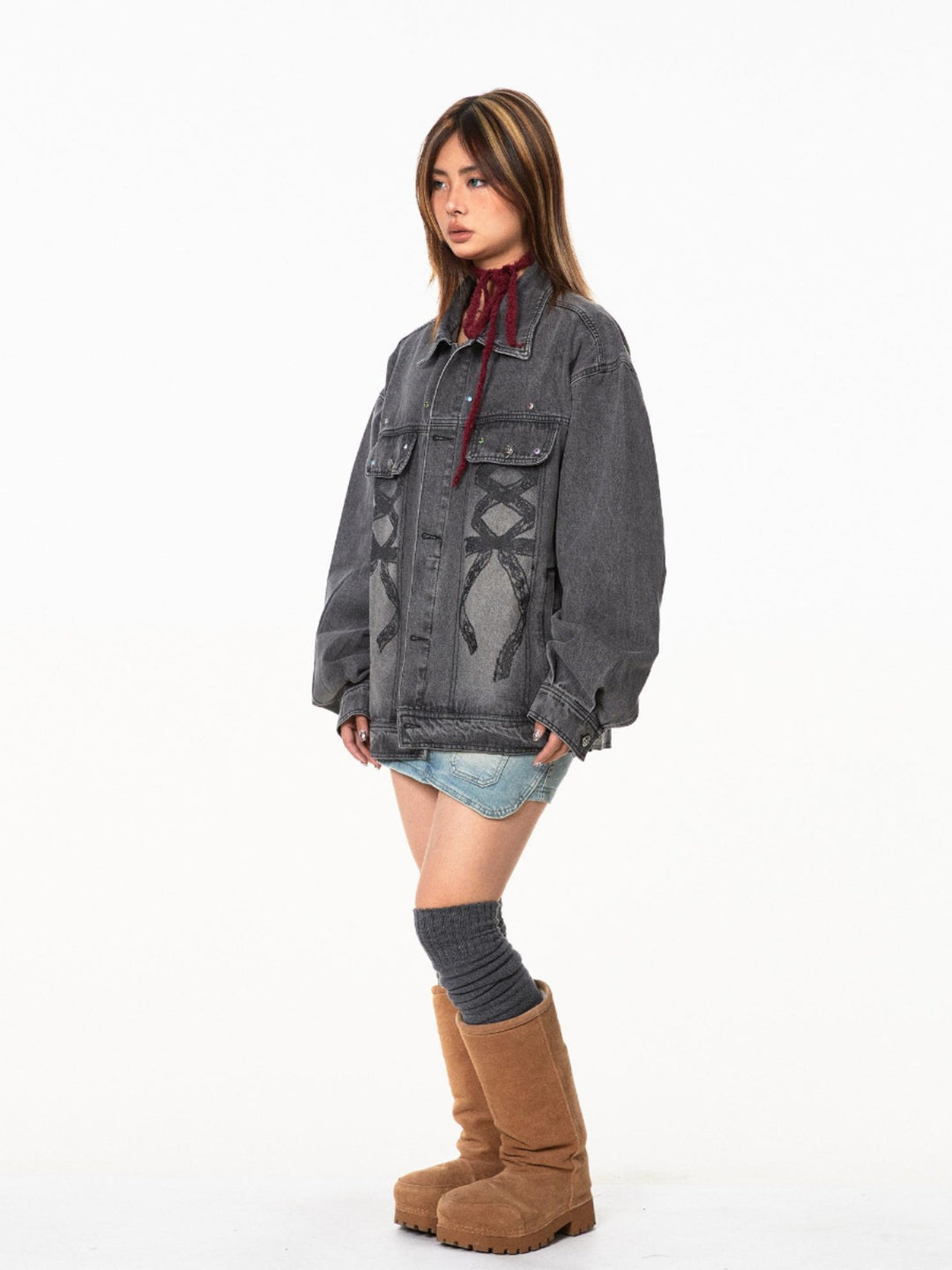 Retro Bow Print Denim Jacket