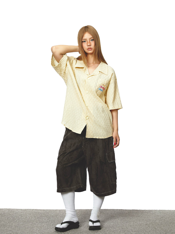 Striped Lapel Short Sleeve Loose Shirt