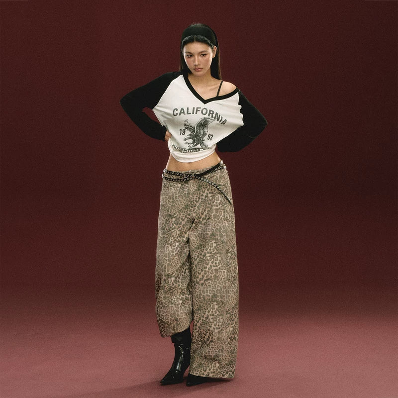 Leopard Wide Leg Casual Pants (No Belt Included）