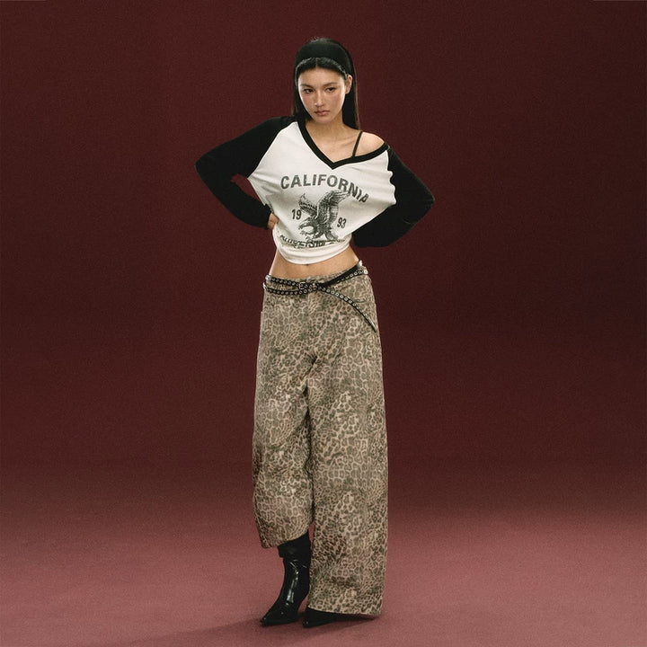 Leopard Wide Leg Casual Pants (No Belt Included）