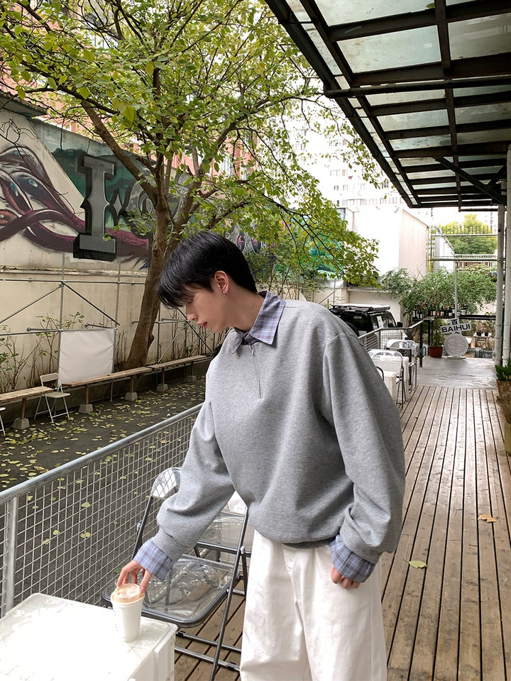 Check Patchwork Lapel Sweatshirt