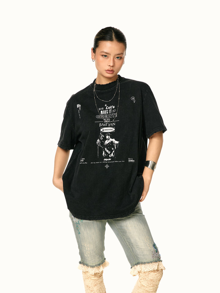 Retro Distressed Print Loose T-shirt
