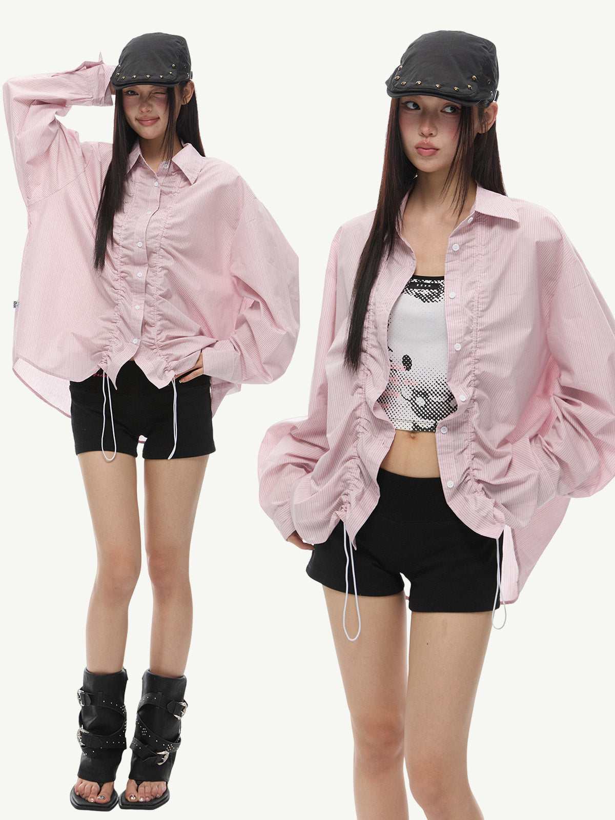 قميص طويل الأكمام فضفاض مع حبل سحب مخطط ومجعد 