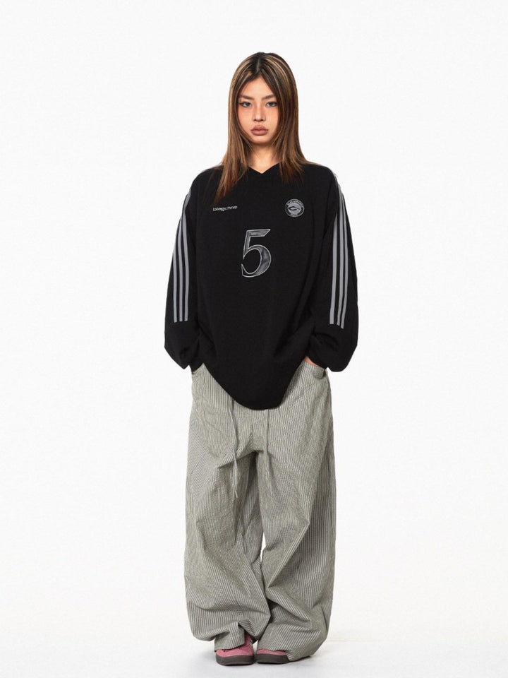V-Ausschnitt gestreifter Sport-Hoodie Sweatshirt 