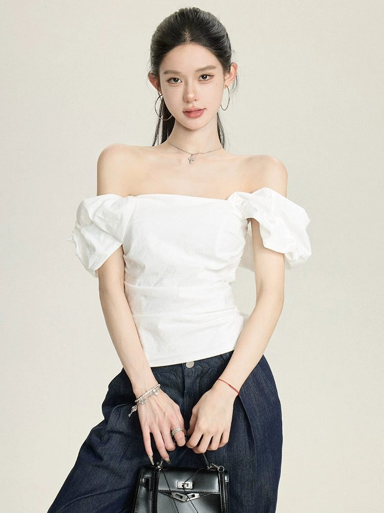 Puffärmel Ein-Schulter Slim-Fit Oberteil 