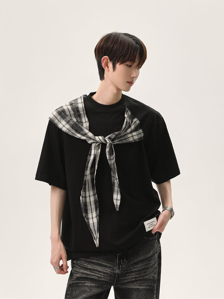 Plaid Shawl Short-Sleeve Pullover