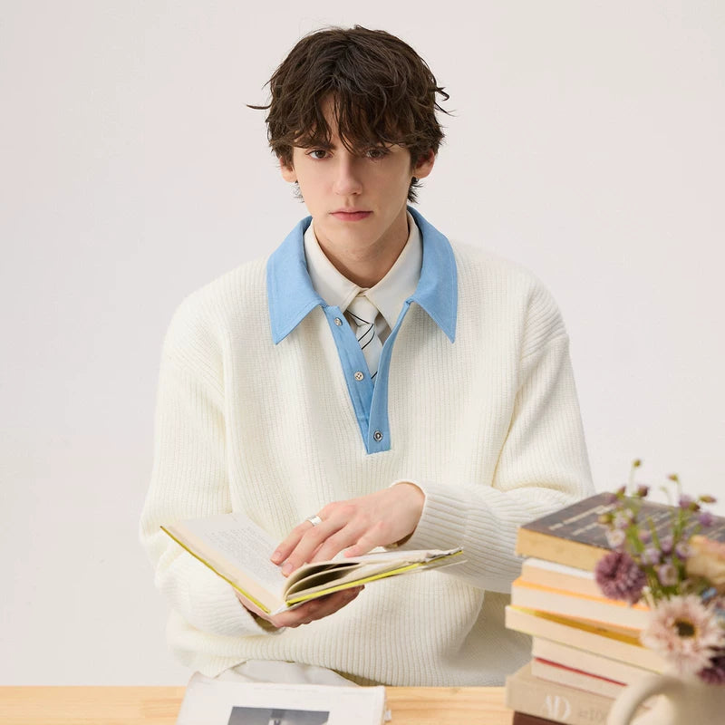 Denim Collar Patchwork Knit Sweater