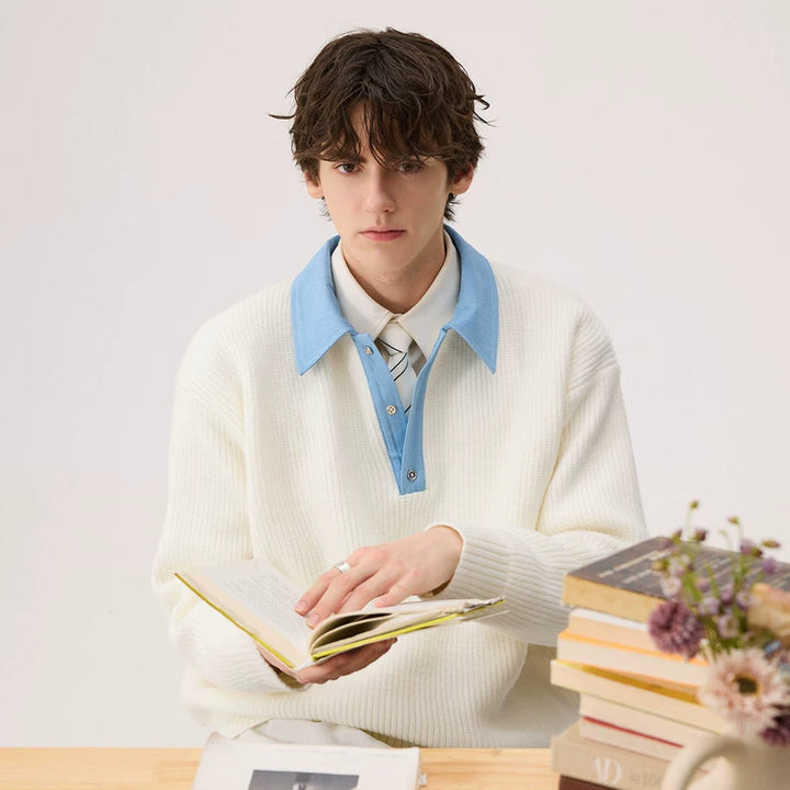 Denim Collar Patchwork Knit Sweater