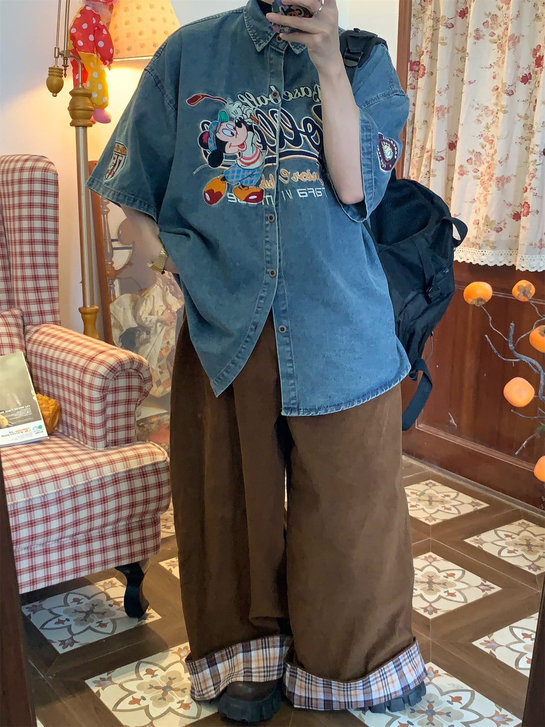 Embroidered Cartoon Denim Short-Sleeve Shirt