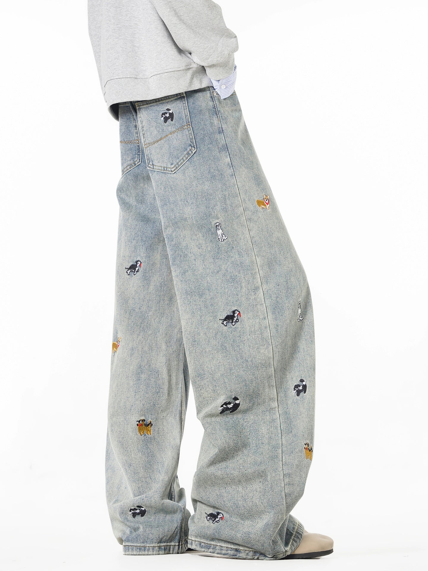 Puppy Embroidered Wide Leg Jeans