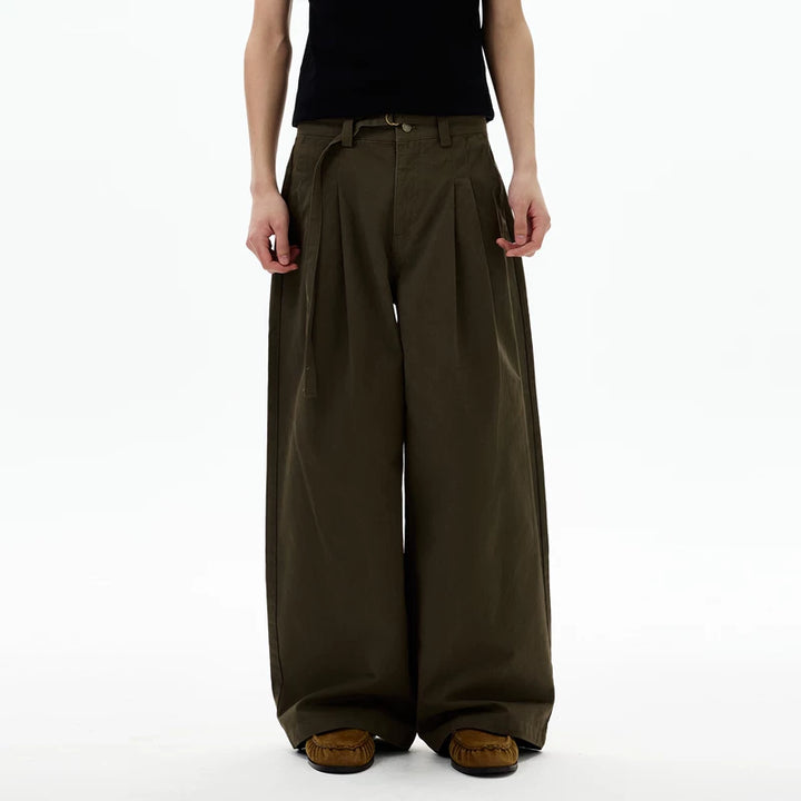 Pleated Wide-Leg Belted Pants