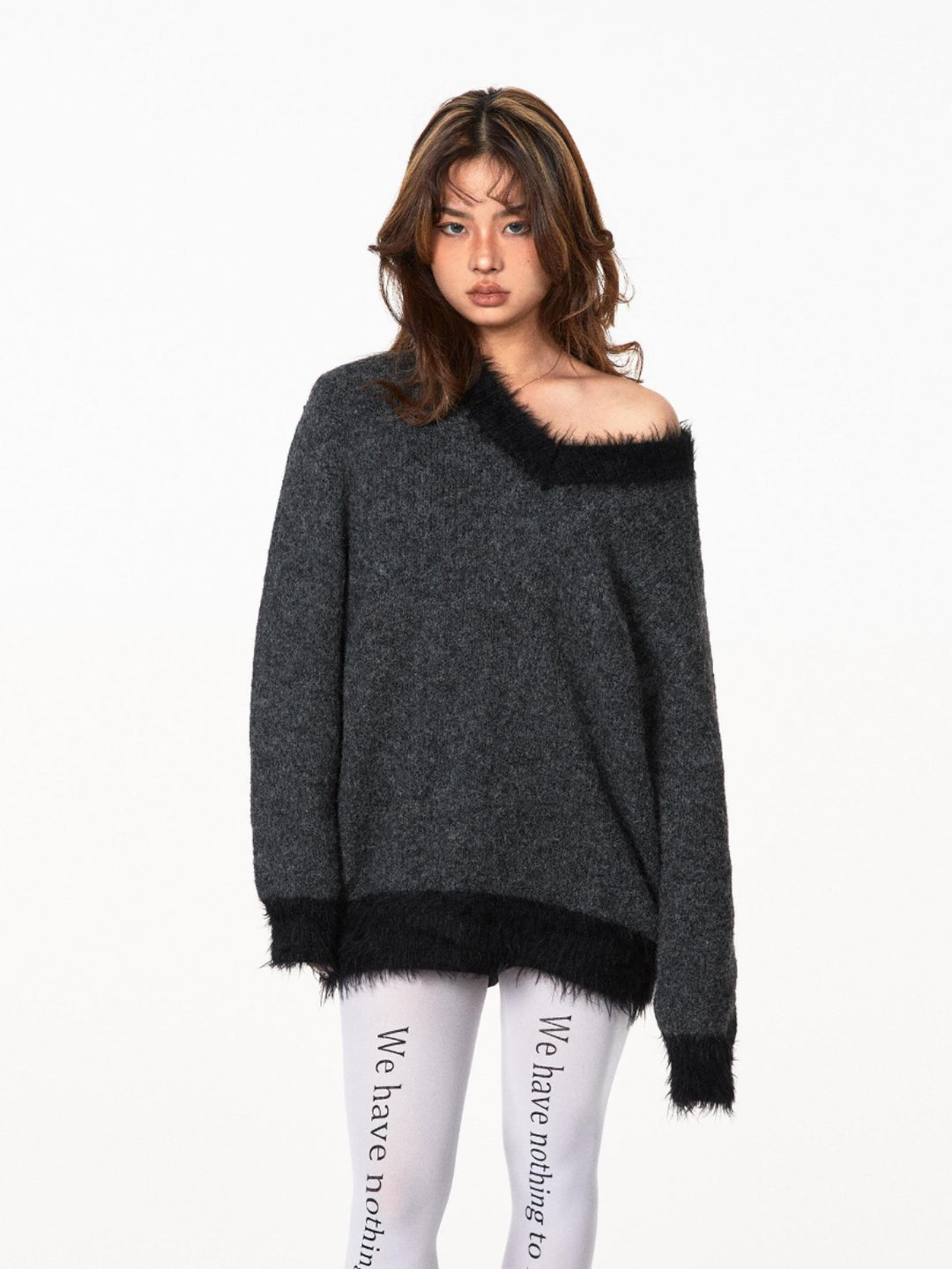 Fur Trim V-Neck Knitted Sweater