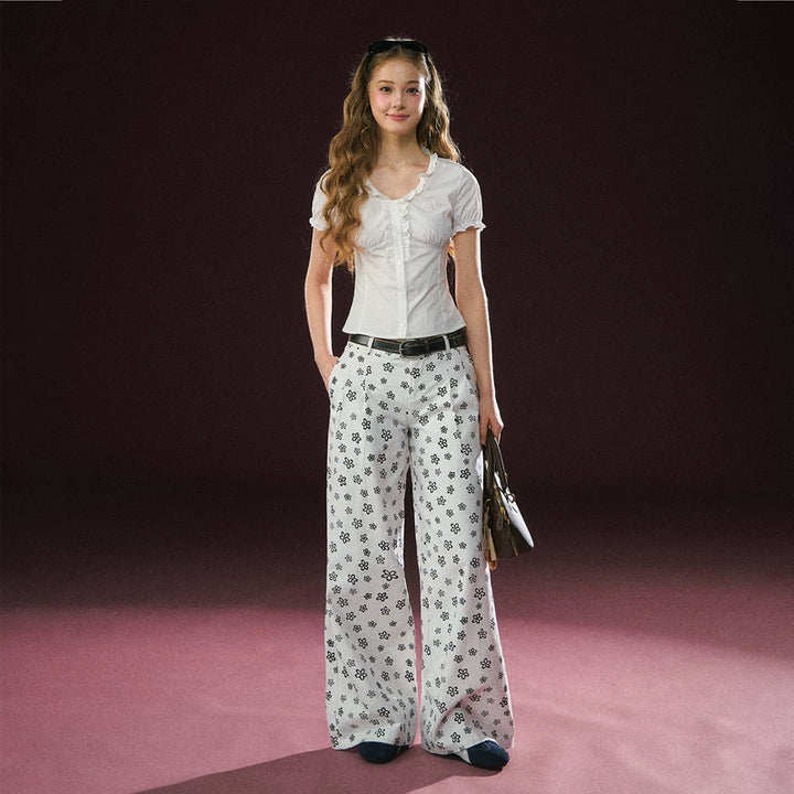 Floral Print Wide Leg Casual Pants (No Belt Included）