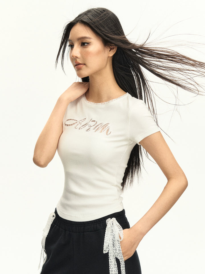 Retro Buchstaben Spitzenbesatz Slim T-Shirt 