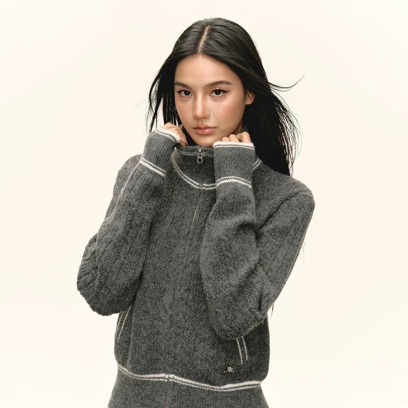 Suéter cárdigan con cremallera y cuello alto retro 