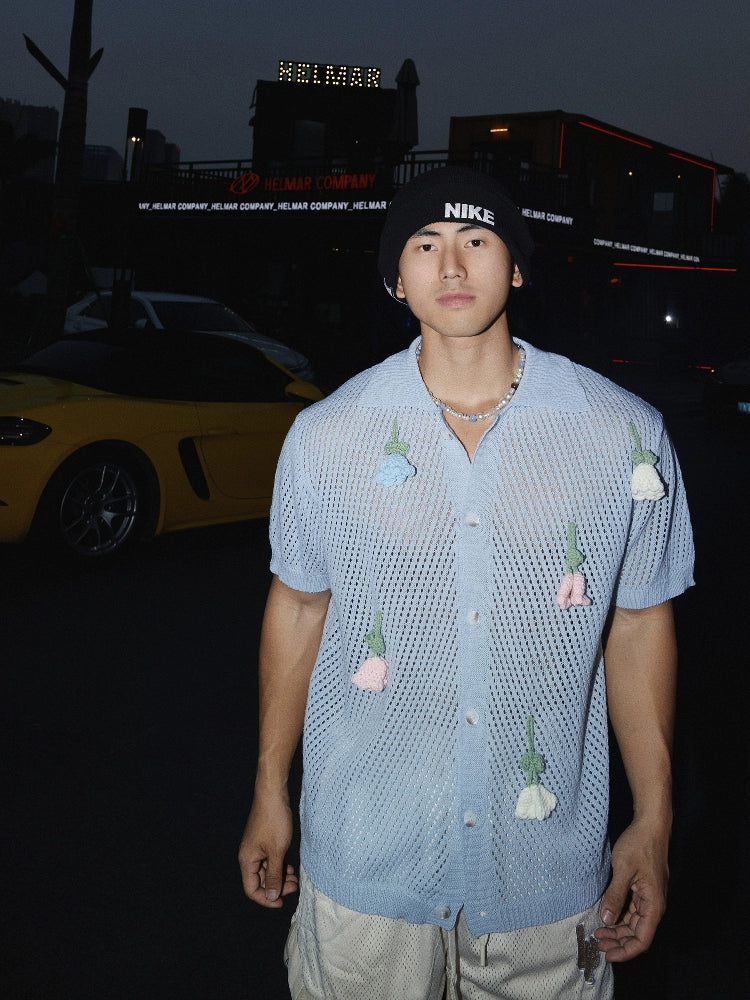 Handwoven Mesh Floral Beach Button-Up Shirt