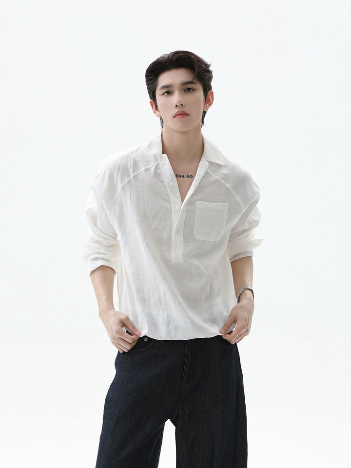 Chemise à boutons à manches raglan en lin avec col en V 