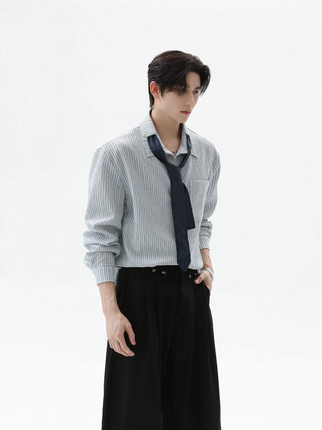 Pleated Striped Long Sleeve Shirt with Tie