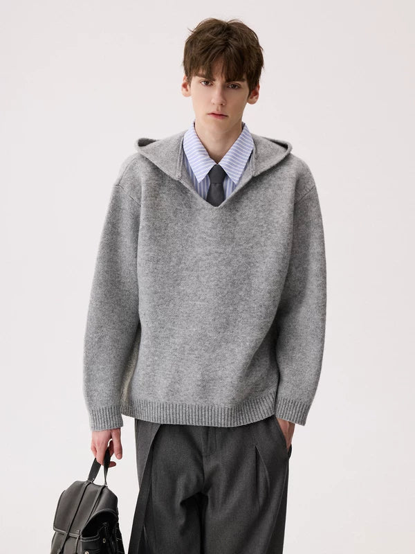 후드가 달린 V넥 니트 스웨터 