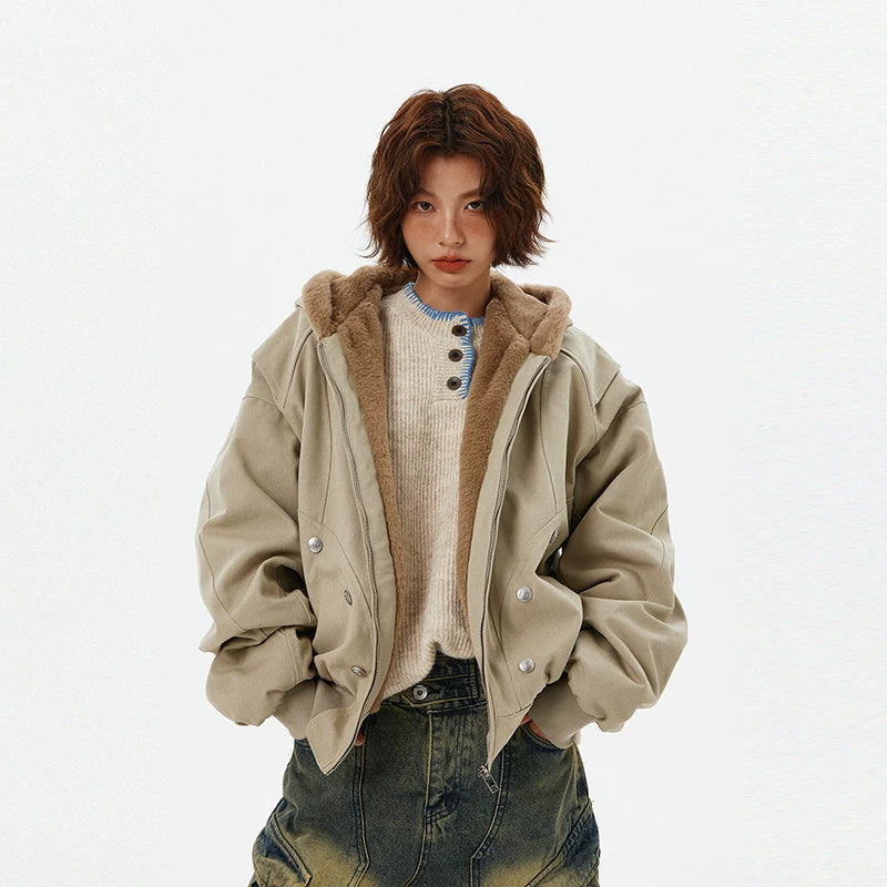 Hooded Cotton-Padded Faux Fur Jacket