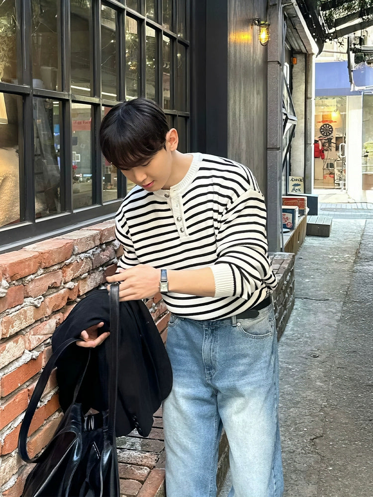 Henley Collar Knit Striped Sweater