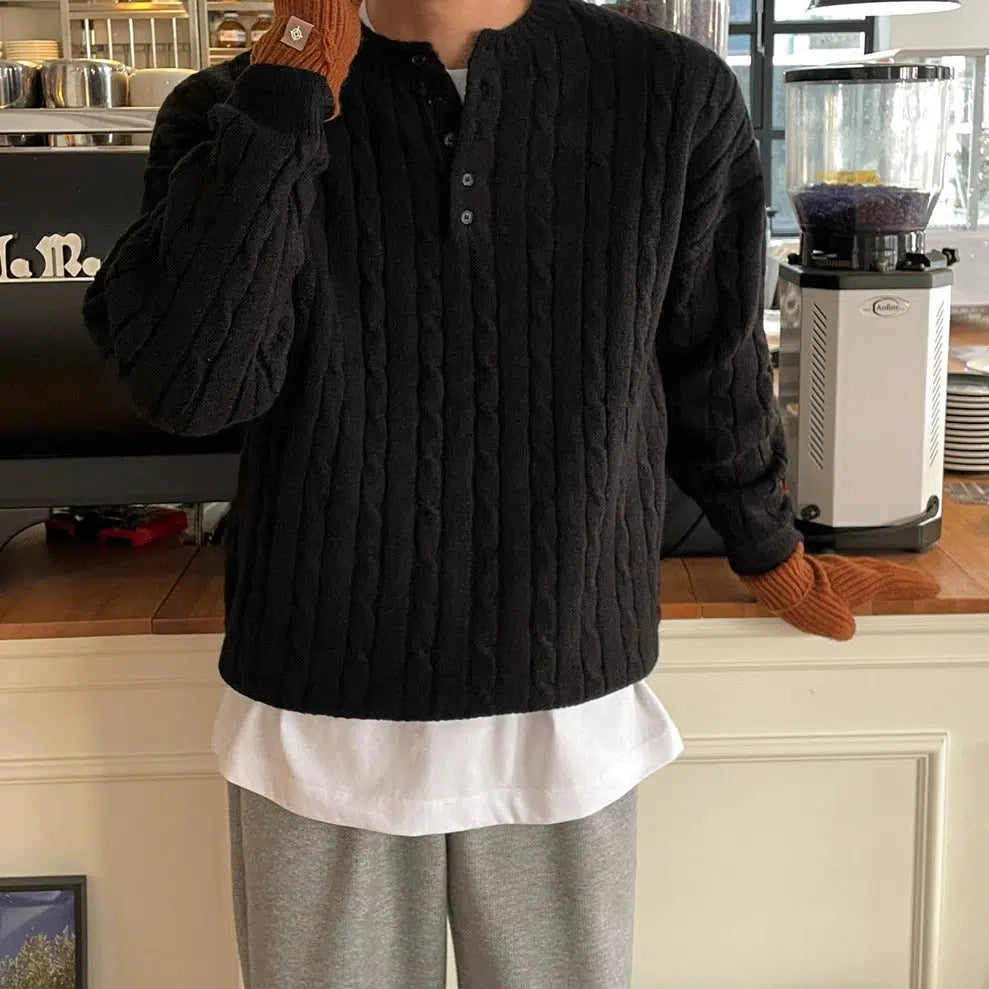 Henry Collar Twisted Knit Sweater