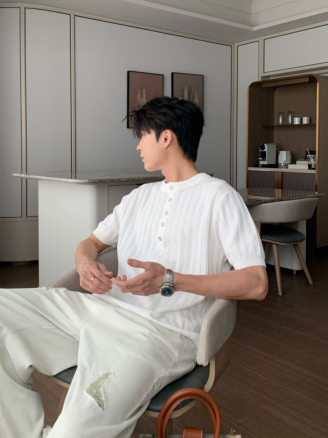 Maglione a maniche corte Henley in maglia 