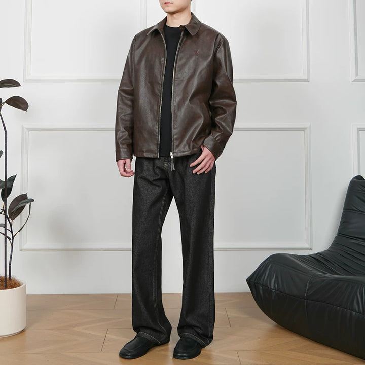 جاكيت بقلنسوة بسحاب من جلد PU مع تطريز 