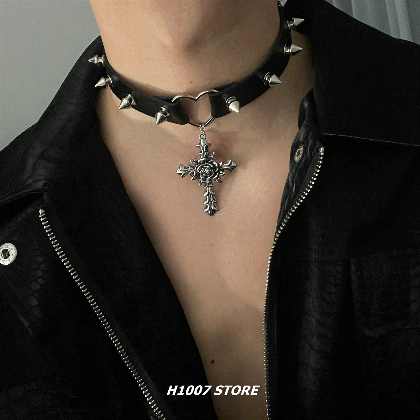 Gothic Rose Cross Rivet Choker Necklace
