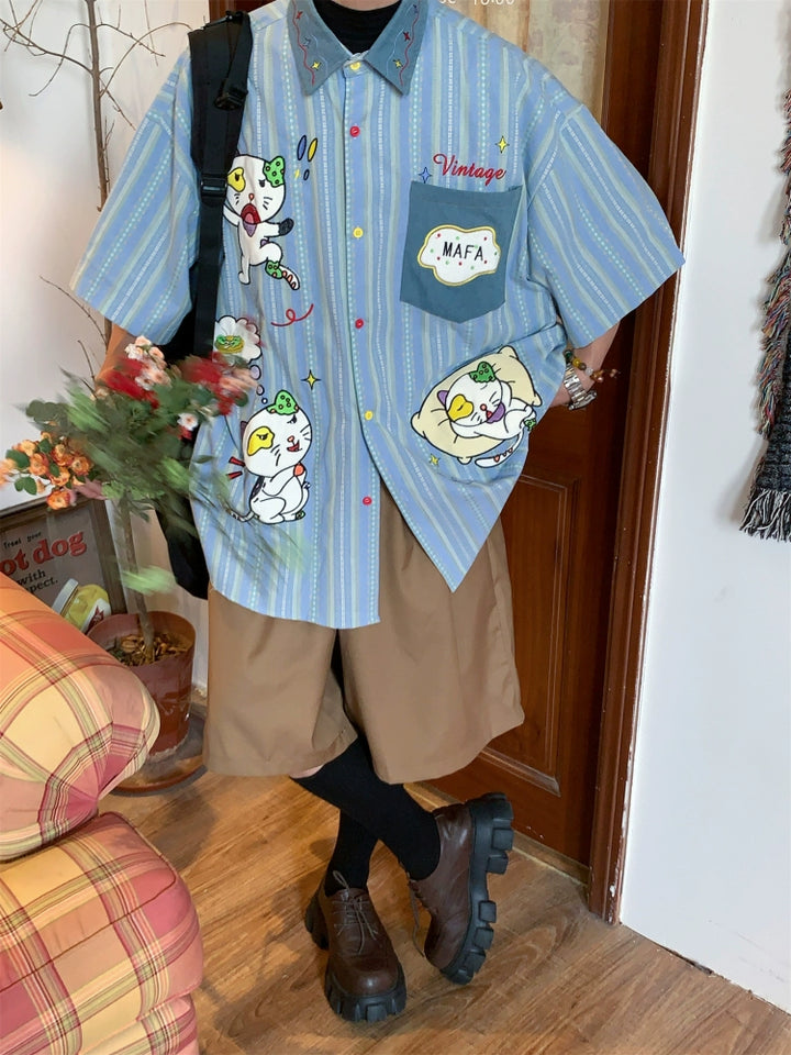 Katt Brodert Stripete Kortermet Skjorte 