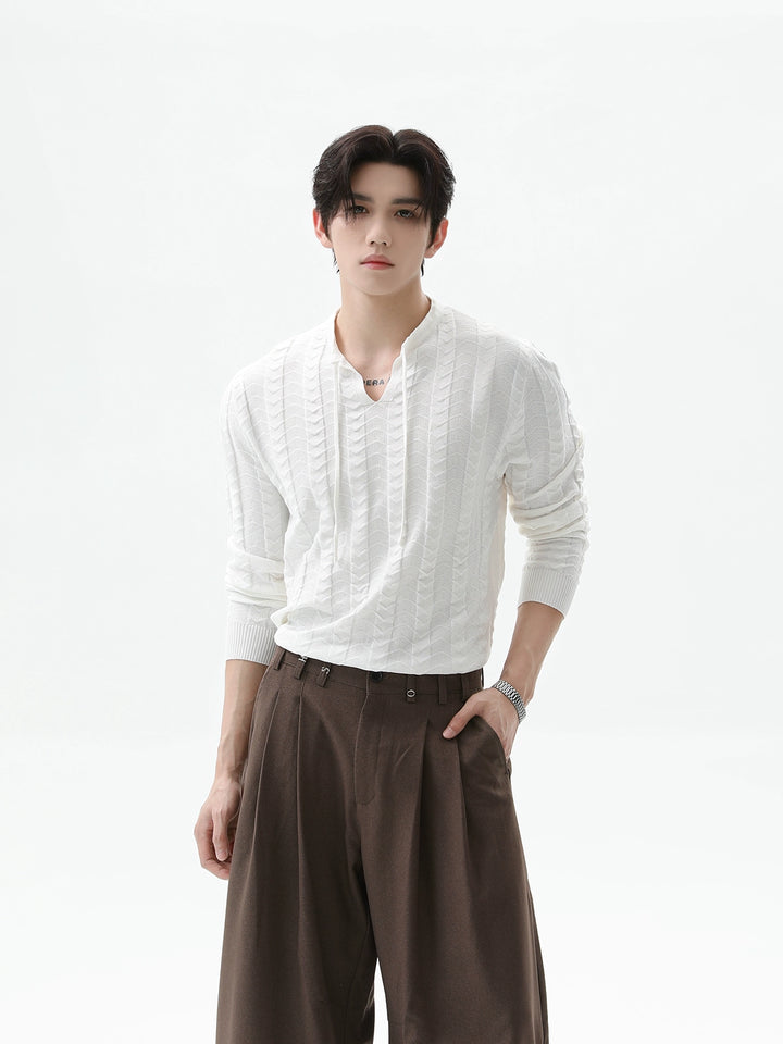Solid Color Textured V-Neck Pullover