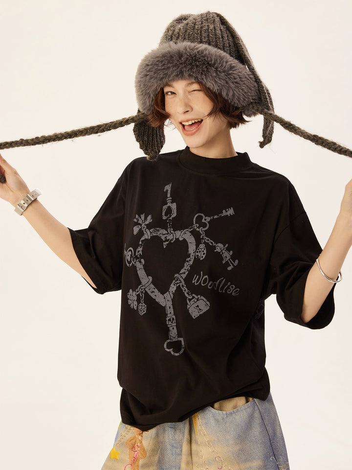 Loose Heart Print Short Sleeve T-Shirt