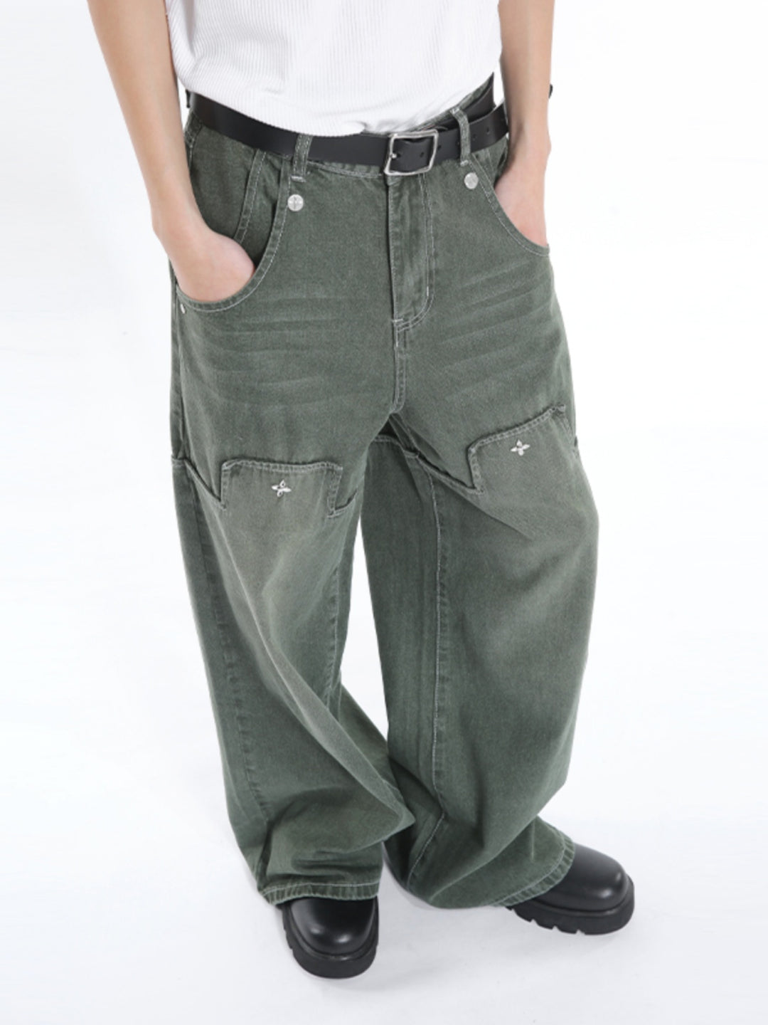 Wide-Leg Double Pocket Patchwork Jeans
