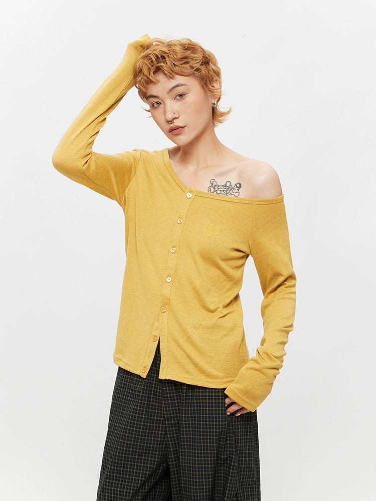 スラントカラーオフショルダー長袖トップ 