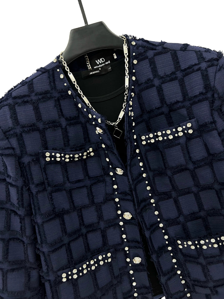 Jaqueta Casual Curta Texturizada em Xadrez Diamante 
