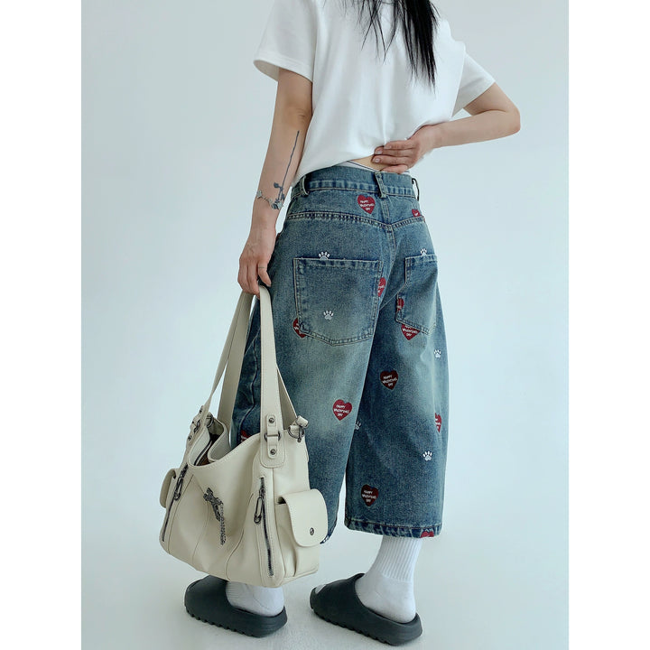 Distressed Embroidered Cropped Wide Leg Pants