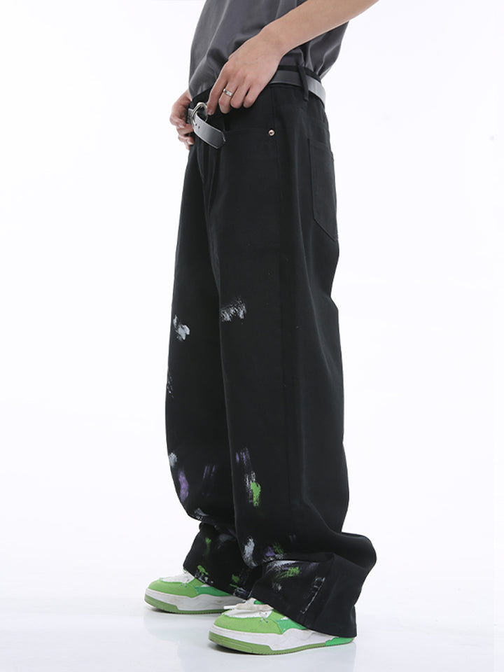 Pantalones de mezclilla de pierna ancha salpicados de tinta 