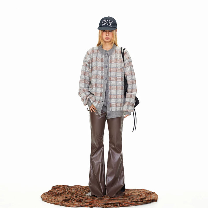 Plaid Faux Two-Piece Knit Cardigan