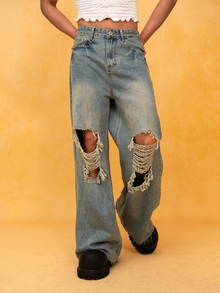 Ripped Wide-Leg Loose Fit Jeans