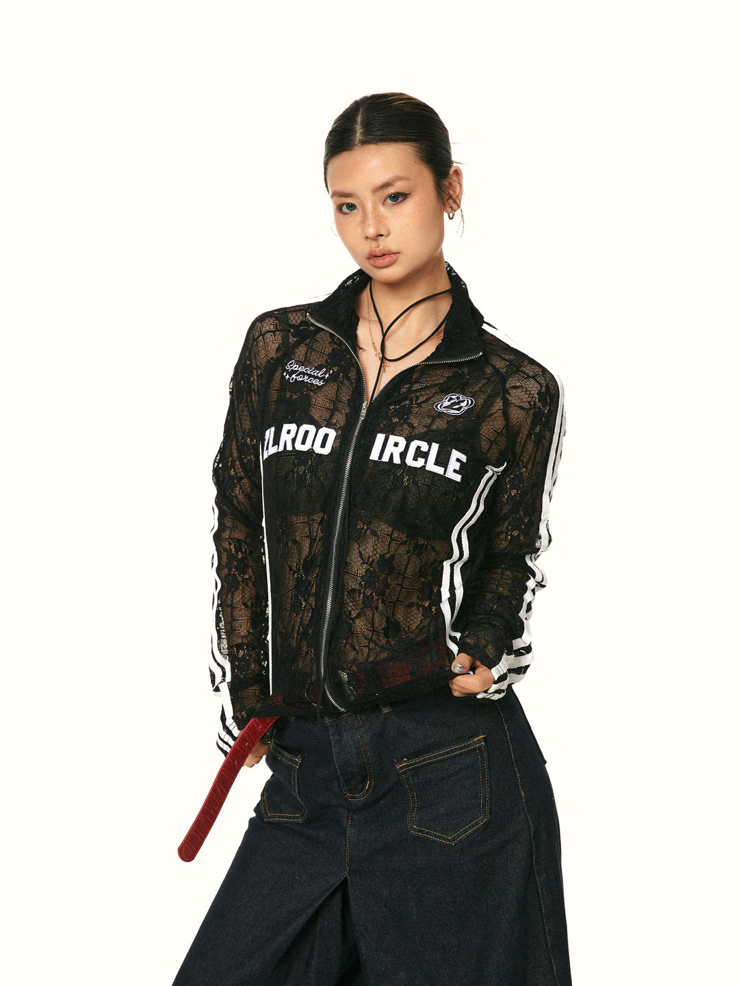 Lace Mesh Stand Collar Cardigan