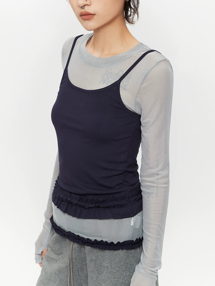 Mesh Two-Piece Long Sleeve Turtleneck Top