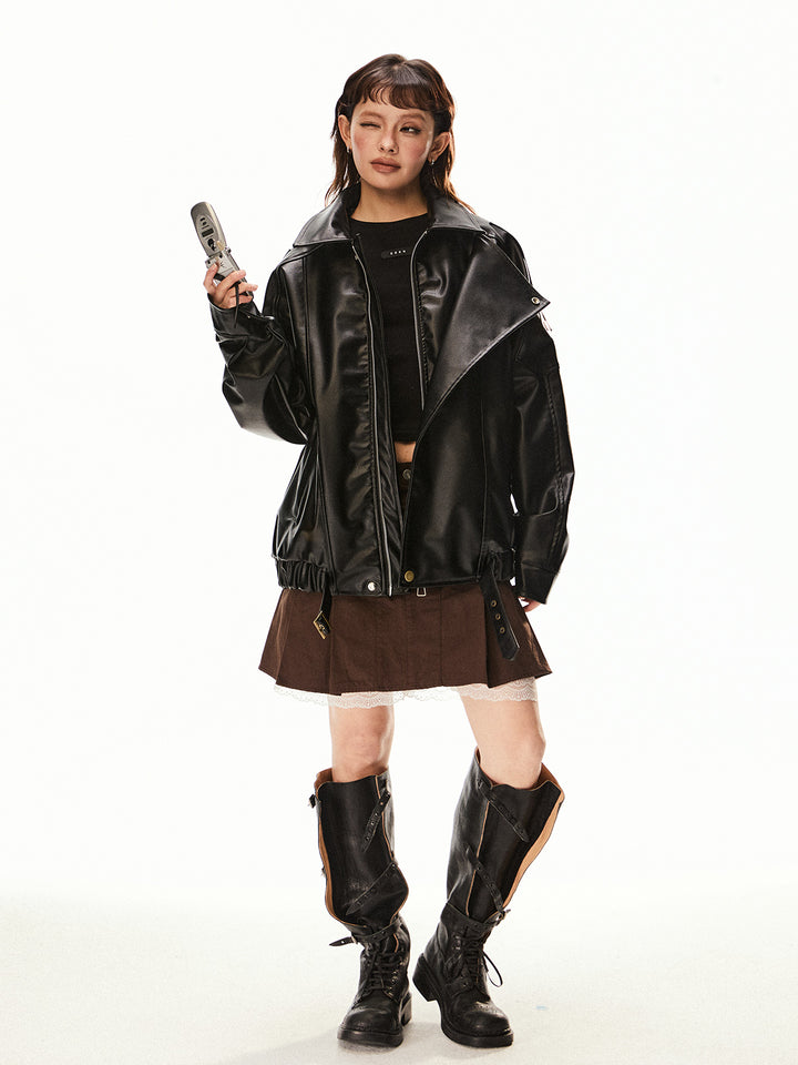 Oversized Fit Leather Motorcycle Jacket