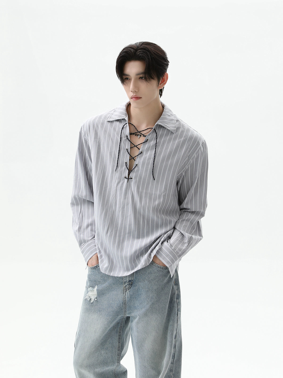 Drawstring Striped Long Sleeve Polo Shirt