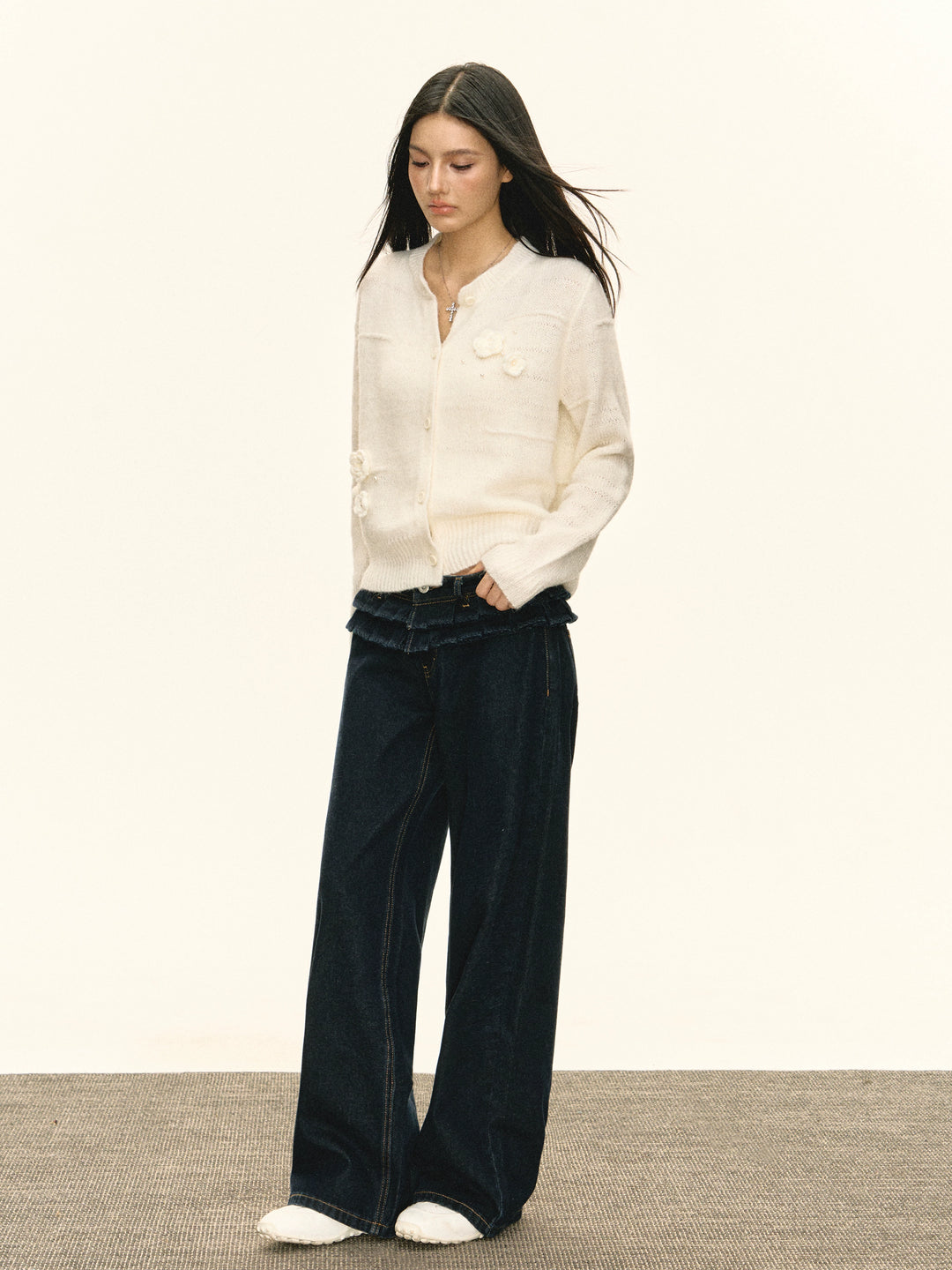 Retro wijde denim broek met rimpel taille 