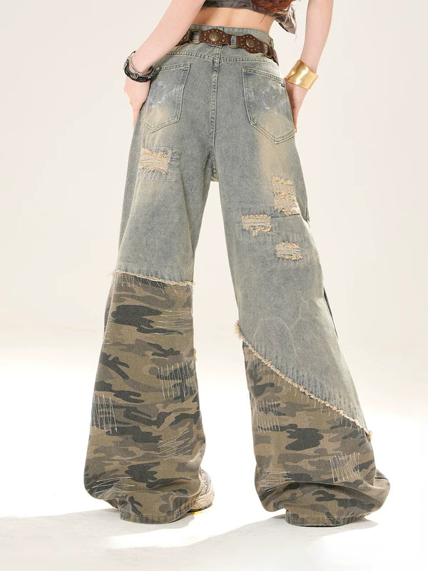Ripped Camouflage Patchwork Pants (without Belt)