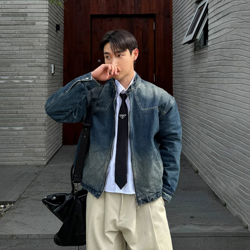 Retro Gewassen Denim Staande Kraag Jas 