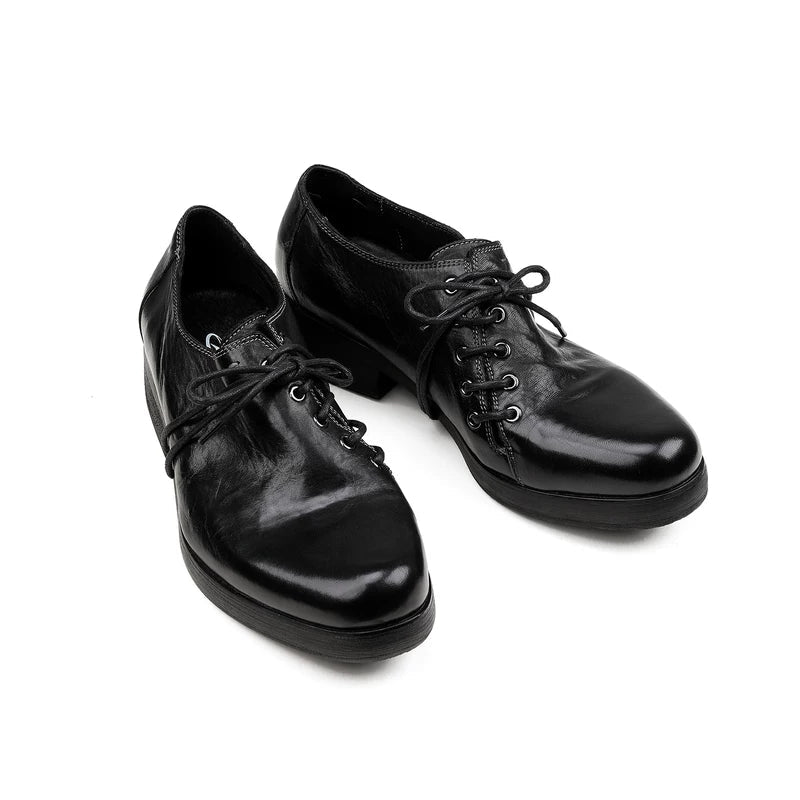 Washed Leather Pointed-Toe Side Lace Shoes