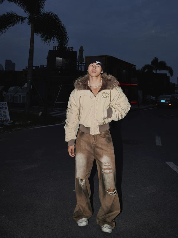 جاكيت قطن بغطاء رأس Retro مع ياقة فرو 