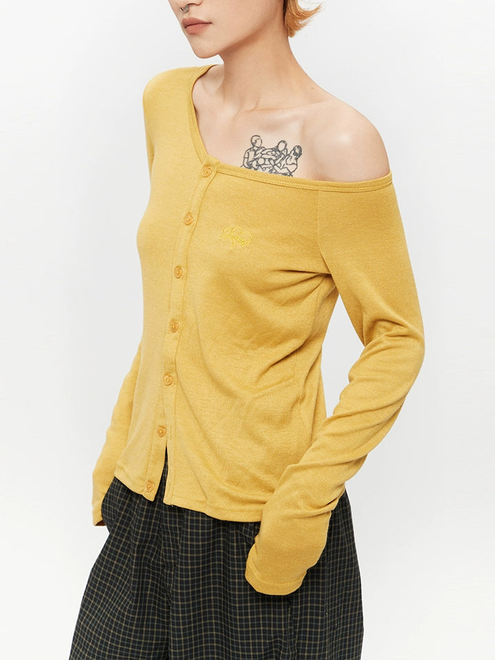 Slant Collar Off-Shoulder Cardigan